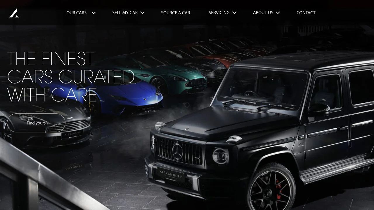 Alexanders Prestige dealership website with car photography and a vehicle catalog