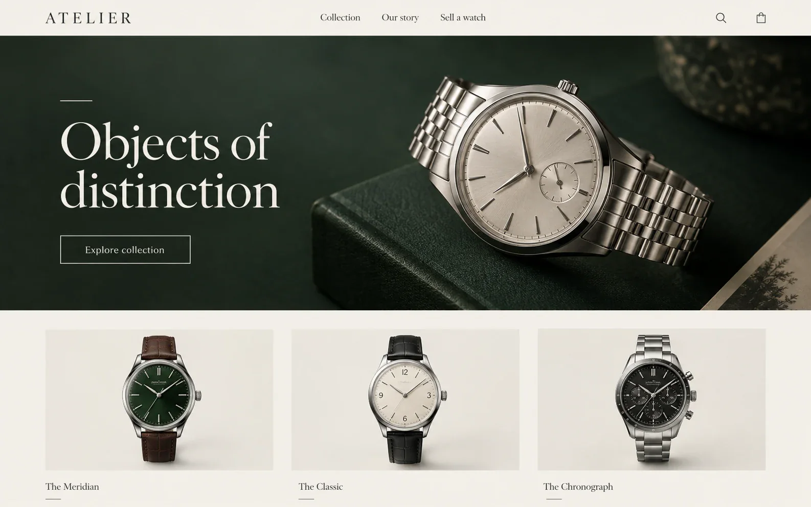Atelier watch catalog with collections and product photos