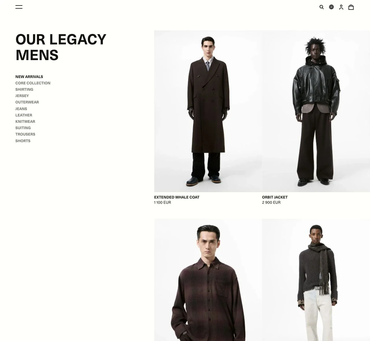 Our Legacy collection page with clothing photography and category navigation
